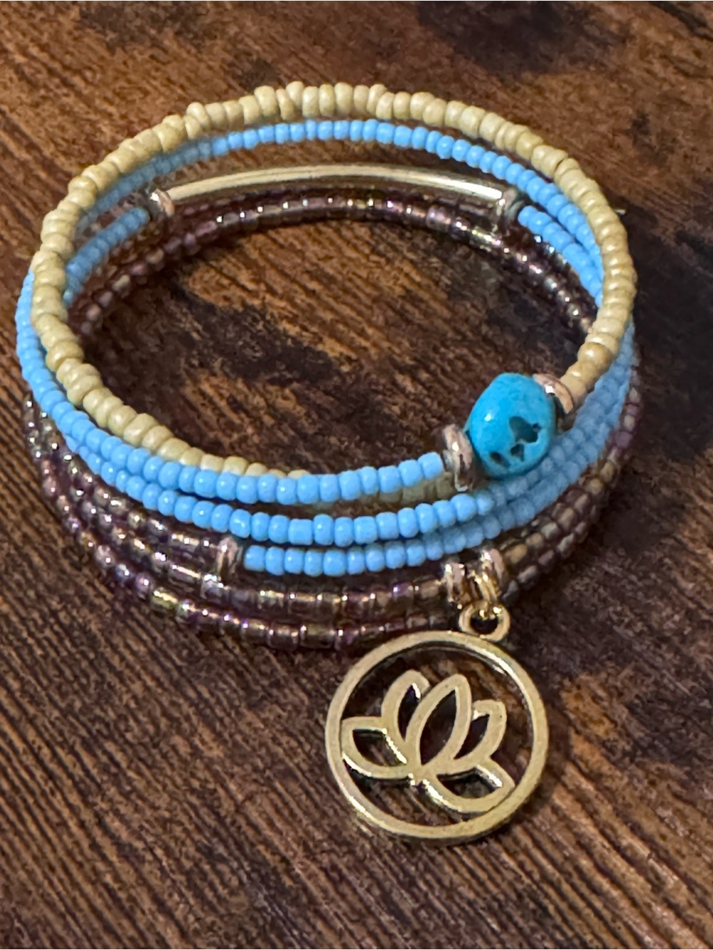 Artisan Turquoise, Blue & Gold Lotus Wrap Bracelet